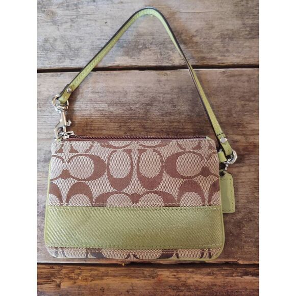 Coach Brown Monogram Canvas Lime Green Stripe Wristlet Coin Pouch Card Holder - Picture 2 of 7